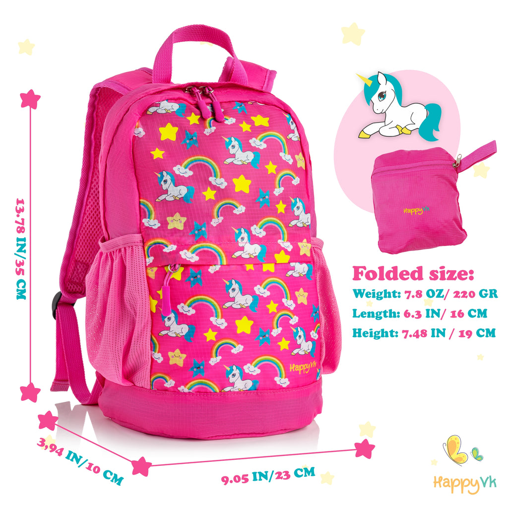 HappyVk- Packable Kids Backpack Luminous Unicorn 9L, 3-5 years old, Lightweight Toddler backpack, Foldable Kids Hiking Daypack with Rain Cover included