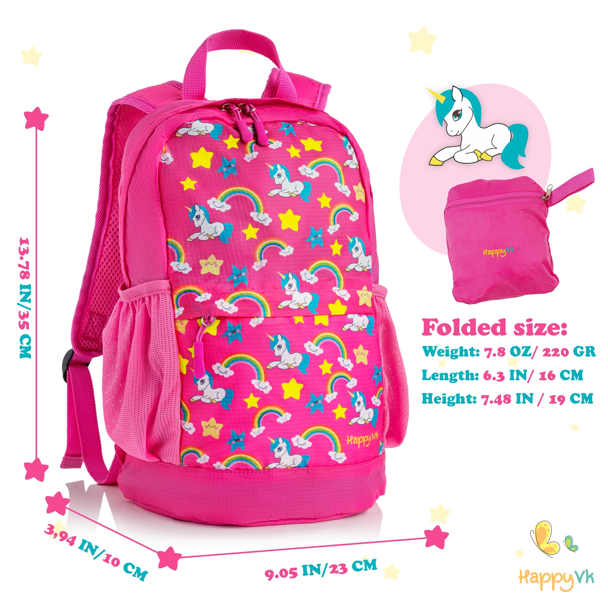 HappyVk- Packable Kids Backpack Luminous Unicorn 9L, 3-5 years old, Lightweight Toddler backpack, Foldable Kids Hiking Daypack with Rain Cover included