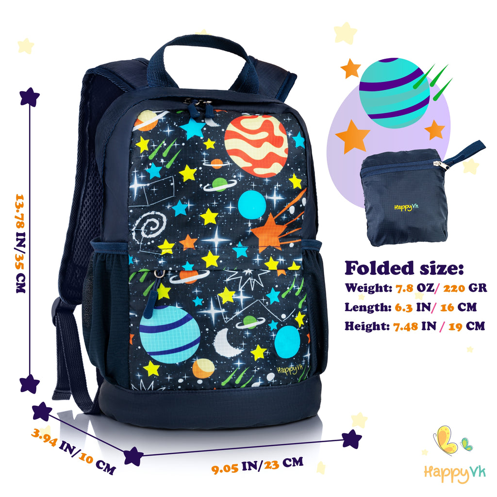 HappyVk- Packable Kids Backpack Luminous Galaxy 9L, 3-5 years old, Lightweight Toddler backpack, Foldable Kids Hiking Daypack with Rain Cover included