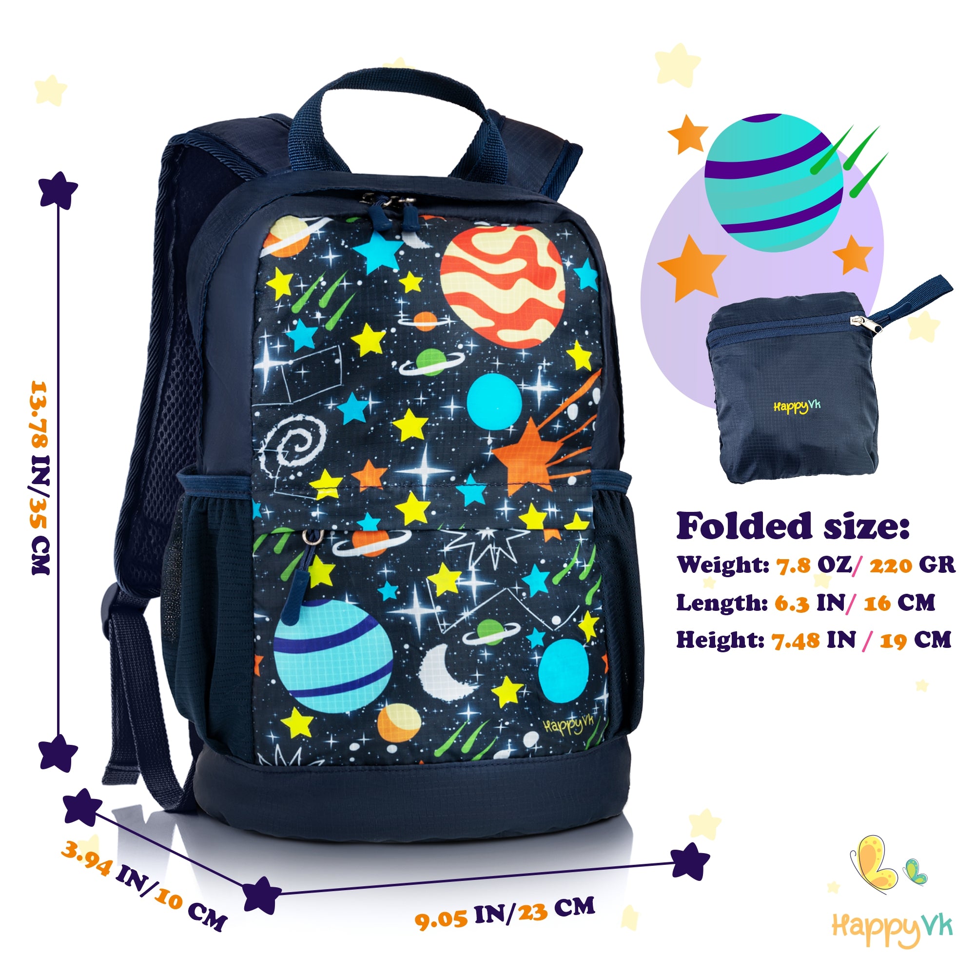 HappyVk- Packable Kids Backpack Luminous Galaxy 9L, 3-5 years old, Lightweight Toddler backpack, Foldable Kids Hiking Daypack with Rain Cover included