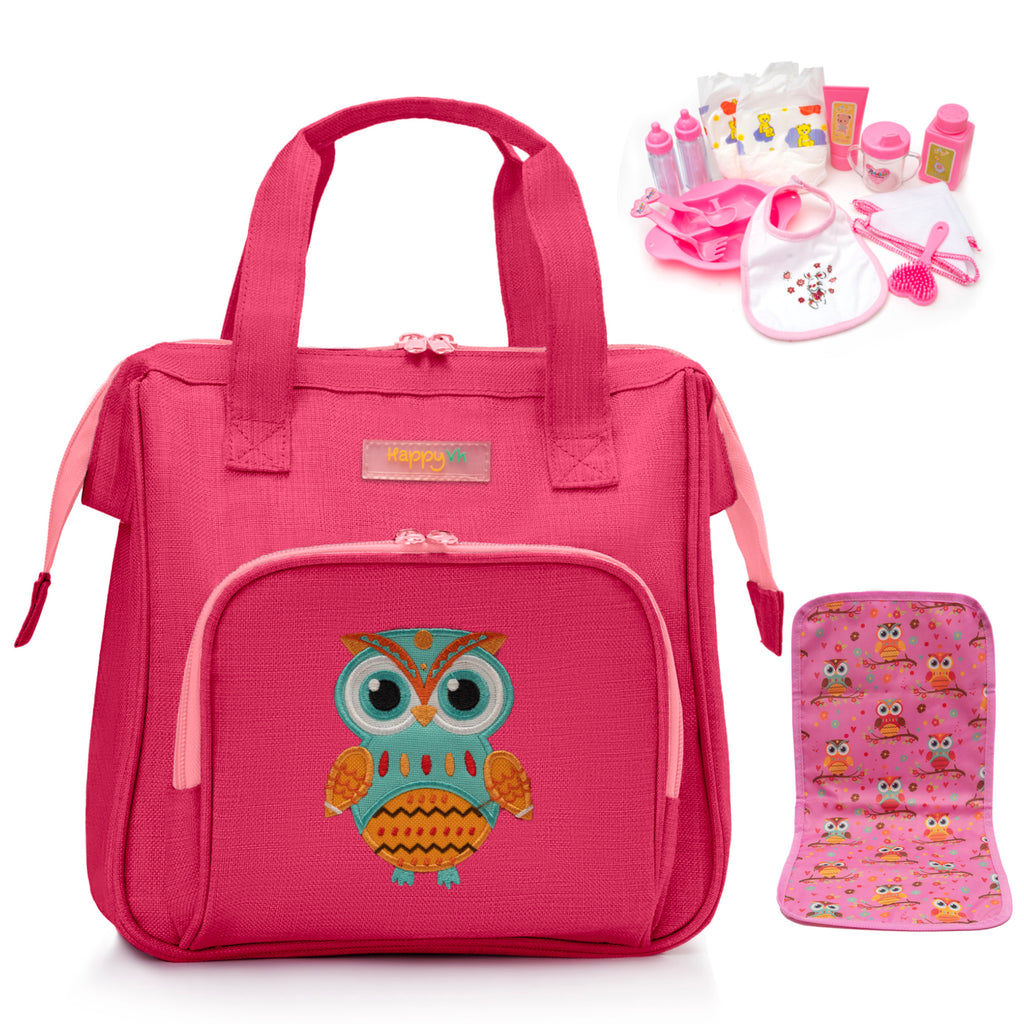 HappyVk- Baby Doll Diaper Bag with Doll Changing Pad and Doll Accessories Set - Handbag for Girls - Cute Owl Embroidery