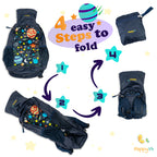 HappyVk- Packable Kids Backpack Luminous Galaxy 9L, 3-5 years old, Lightweight Toddler backpack, Foldable Kids Hiking Daypack with Rain Cover included