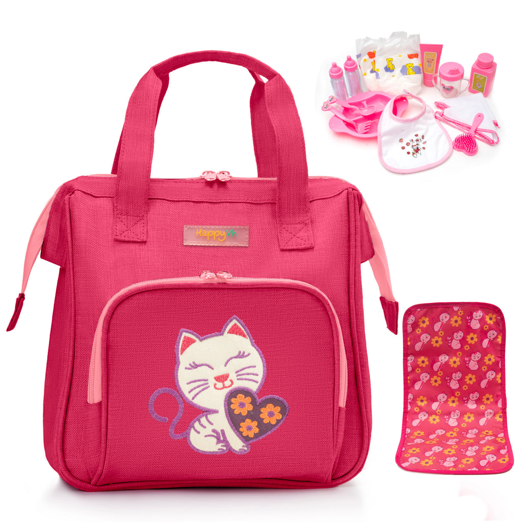 HappyVk- Baby Doll Diaper Bag with Doll Changing Pad and Doll Accessories Set - Handbag for Girls - Cute Luminous Cat mbroidery