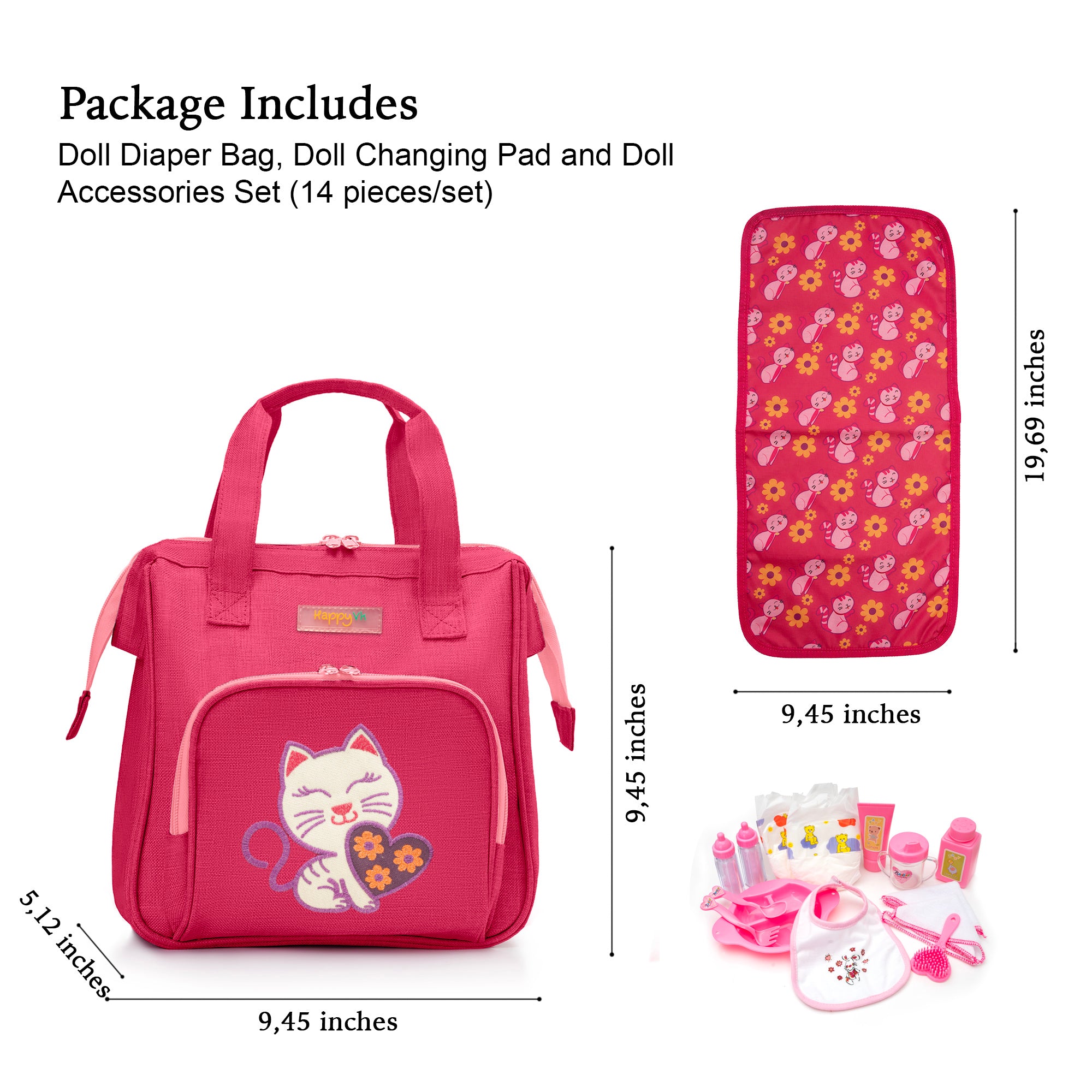 HappyVk- Baby Doll Diaper Bag with Doll Changing Pad and Doll Accessories Set - Handbag for Girls - Cute Luminous Cat mbroidery