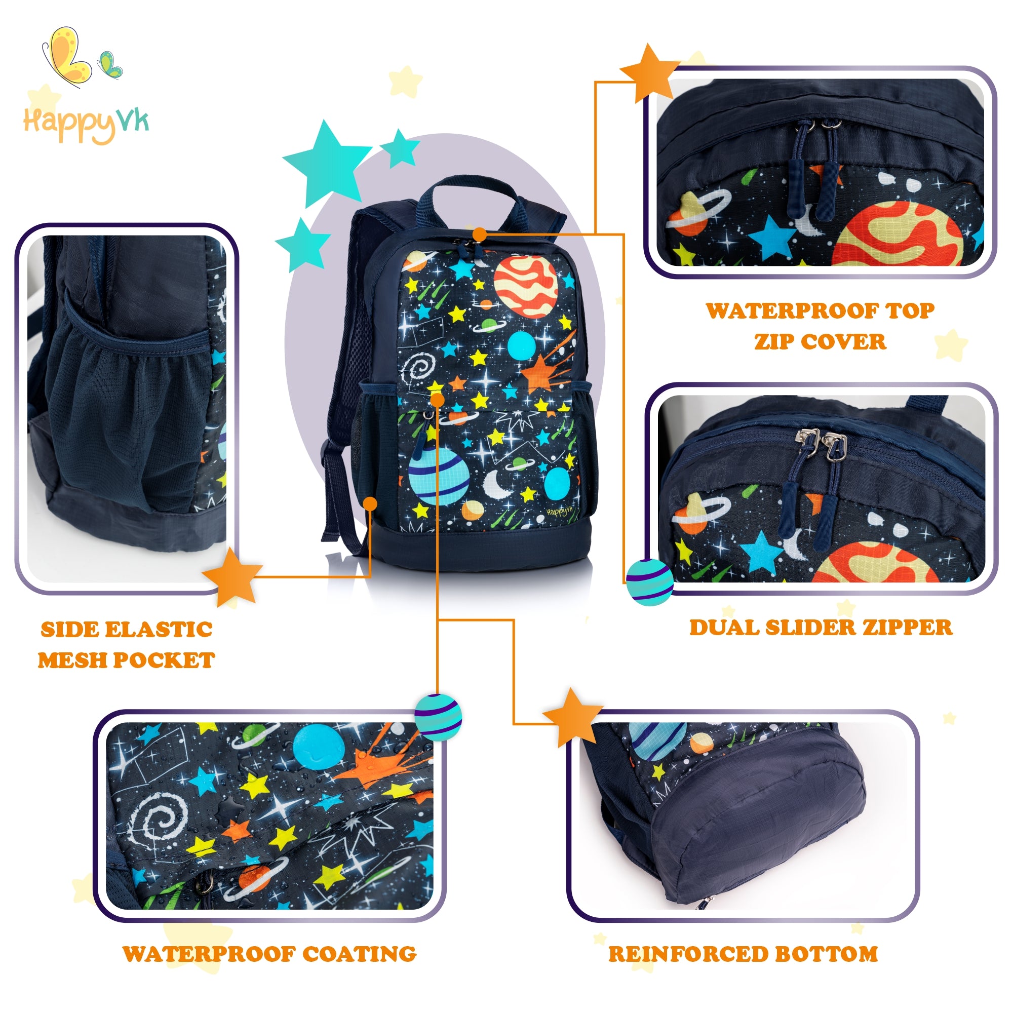 HappyVk- Packable Kids Backpack Luminous Galaxy 9L, 3-5 years old, Lightweight Toddler backpack, Foldable Kids Hiking Daypack with Rain Cover included