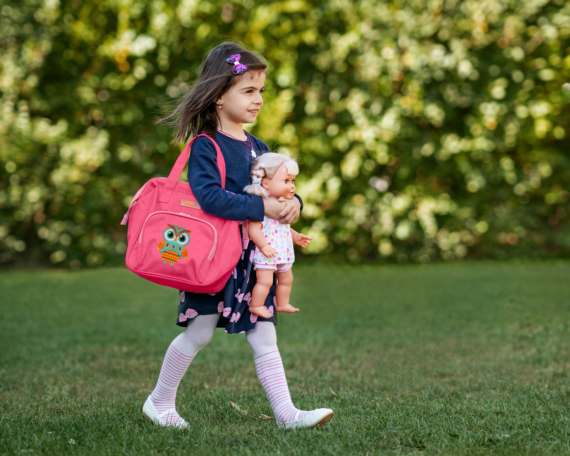 HappyVk- Baby Doll Diaper Bag with Doll Changing Pad- Handbag for Girls- Owl Embroidery