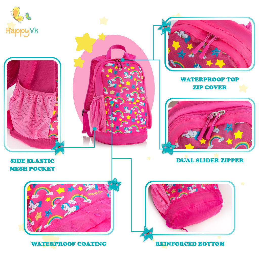 HappyVk- Packable Kids Backpack Luminous Unicorn 9L, 3-5 years old, Lightweight Toddler backpack, Foldable Kids Hiking Daypack with Rain Cover included
