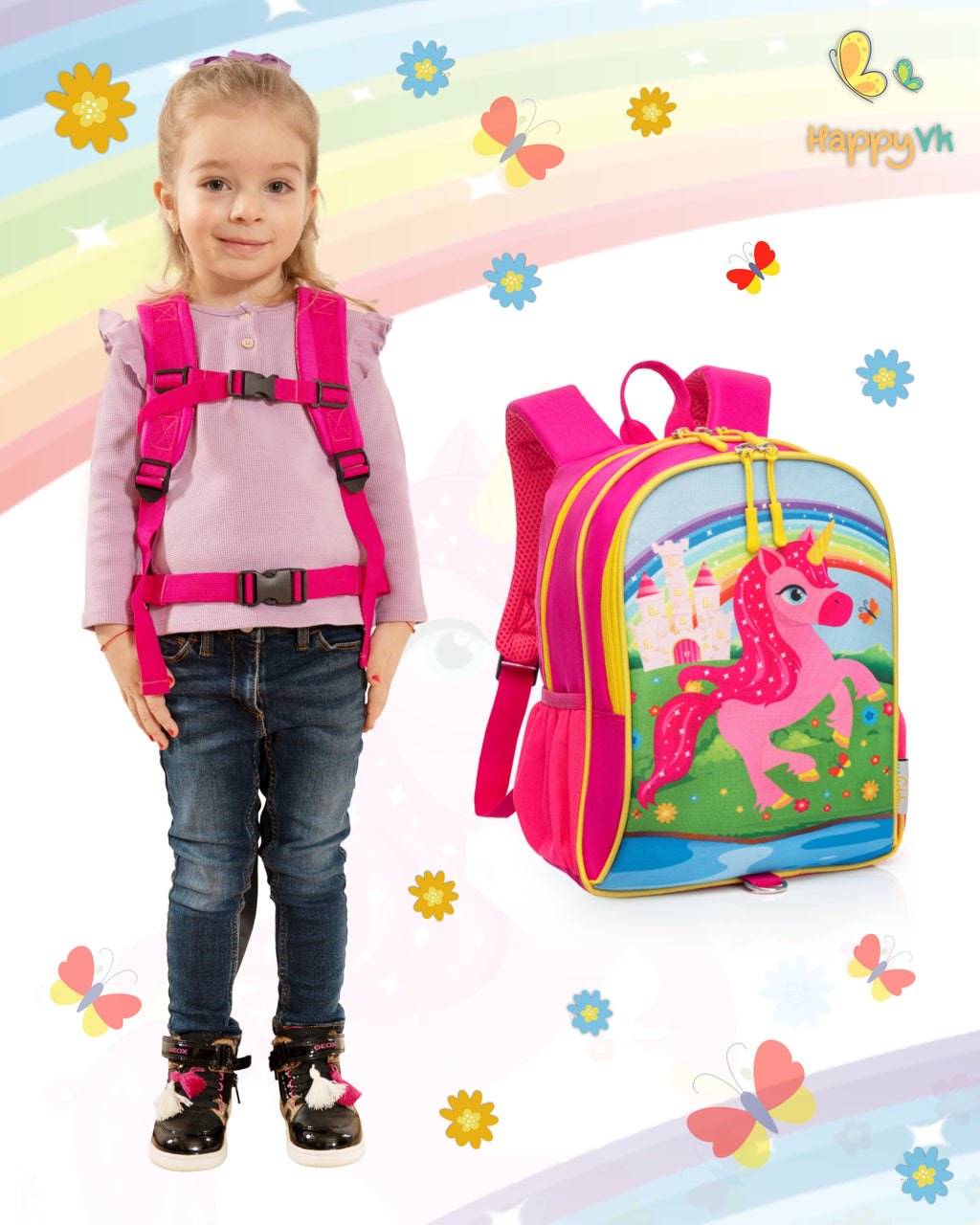 HappyVk Backpack with Leash for Kids - Anti Lost Walking Toddler Leash - Unicorn Design - for 1-4 Years Old Girls