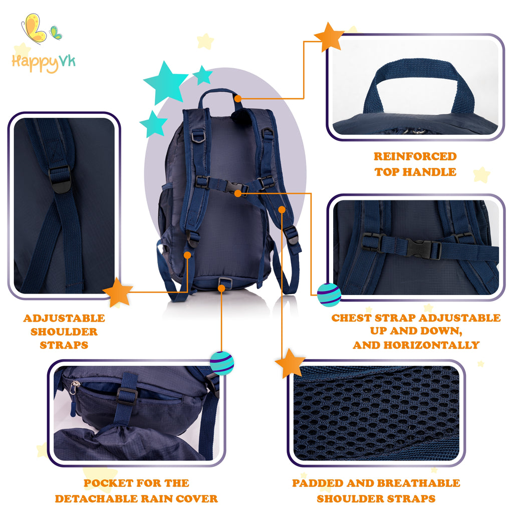 HappyVk- Packable Kids Backpack Luminous Galaxy 9L, 3-5 years old, Lightweight Toddler backpack, Foldable Kids Hiking Daypack with Rain Cover included