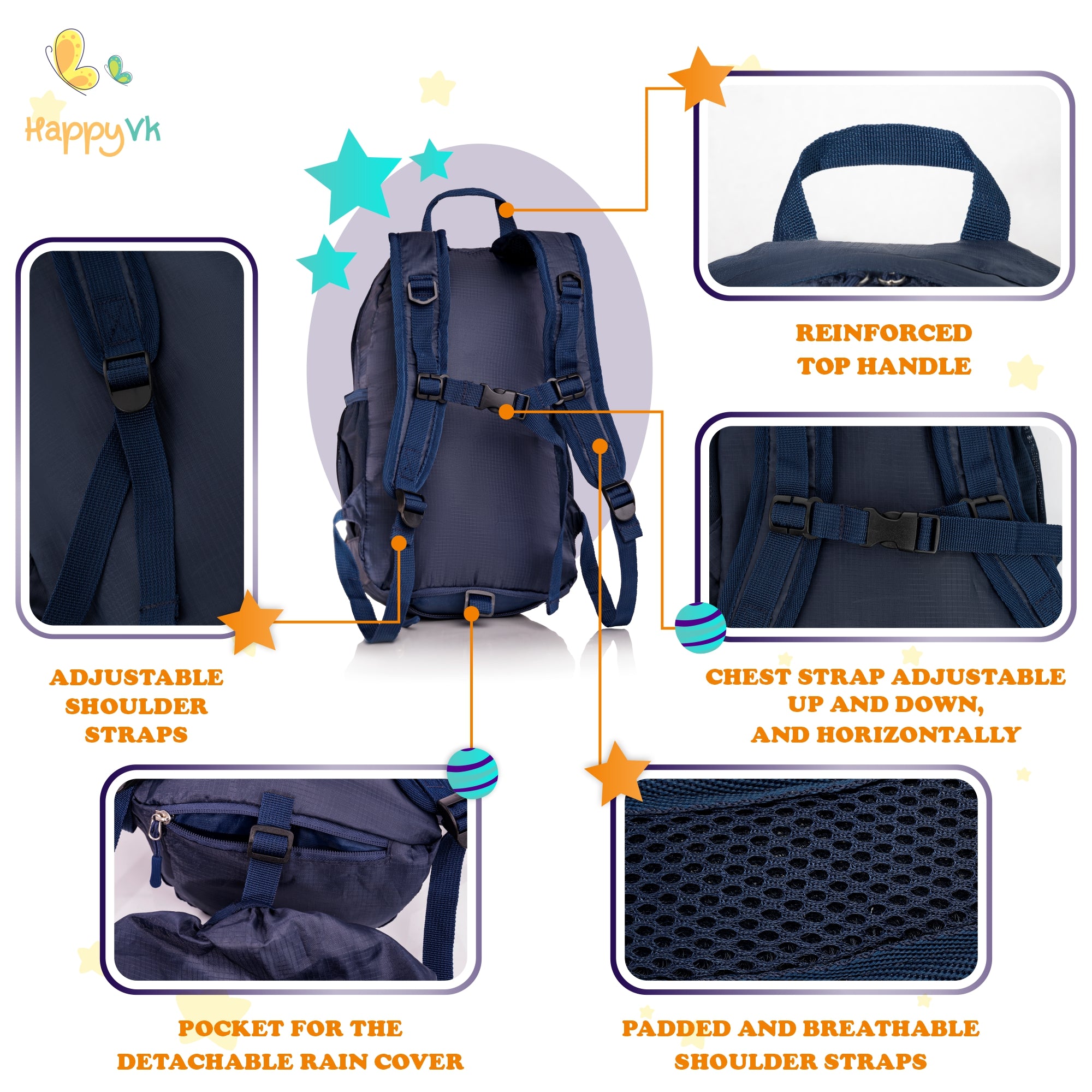 HappyVk- Packable Kids Backpack Luminous Galaxy 9L, 3-5 years old, Lightweight Toddler backpack, Foldable Kids Hiking Daypack with Rain Cover included
