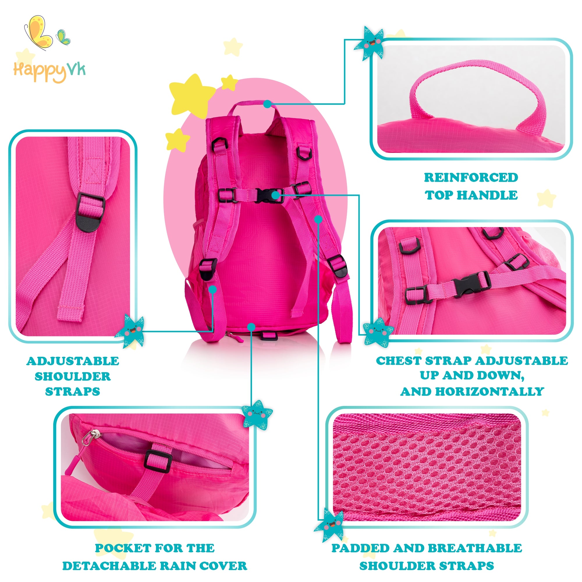 HappyVk- Packable Kids Backpack Luminous Unicorn 9L, 3-5 years old, Lightweight Toddler backpack, Foldable Kids Hiking Daypack with Rain Cover included