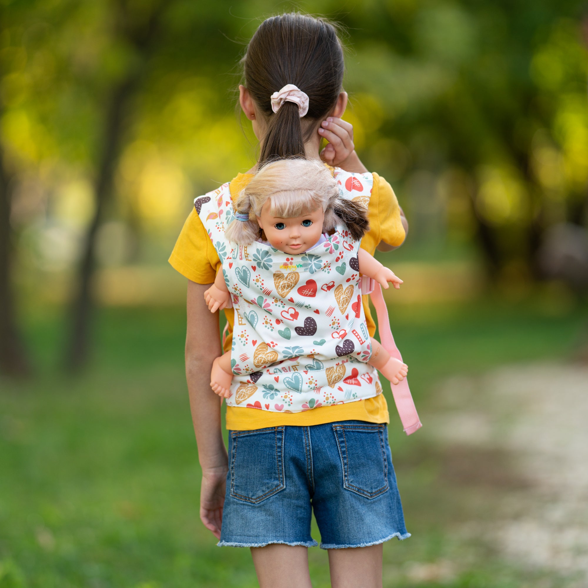 HappyVk - Baby Doll Carrier Kids Toy Carrier for Dolls Front and Back with Adjustable Straps Doll Accessories - Pink - Love Design