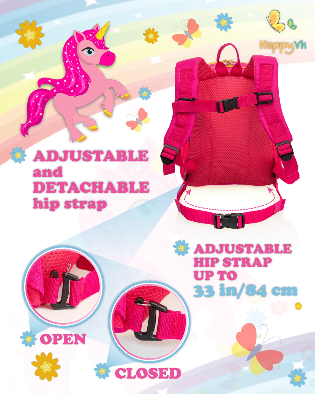 HappyVk Backpack with Leash for Kids - Anti Lost Walking Toddler Leash - Unicorn Design - for 1-4 Years Old Girls