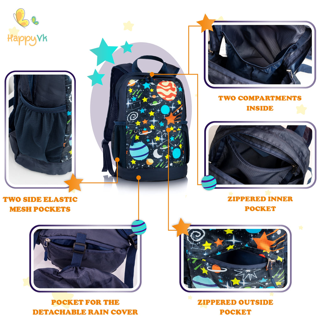 HappyVk- Packable Kids Backpack Luminous Galaxy 9L, 3-5 years old, Lightweight Toddler backpack, Foldable Kids Hiking Daypack with Rain Cover included