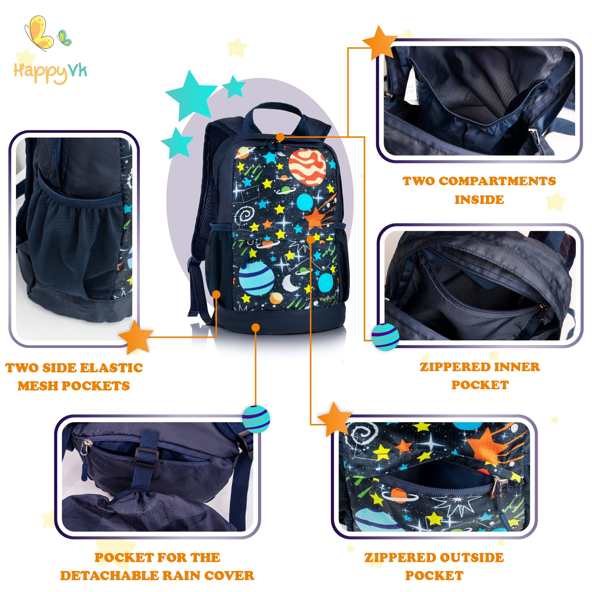 HappyVk- Packable Kids Backpack Luminous Galaxy 9L, 3-5 years old, Lightweight Toddler backpack, Foldable Kids Hiking Daypack with Rain Cover included