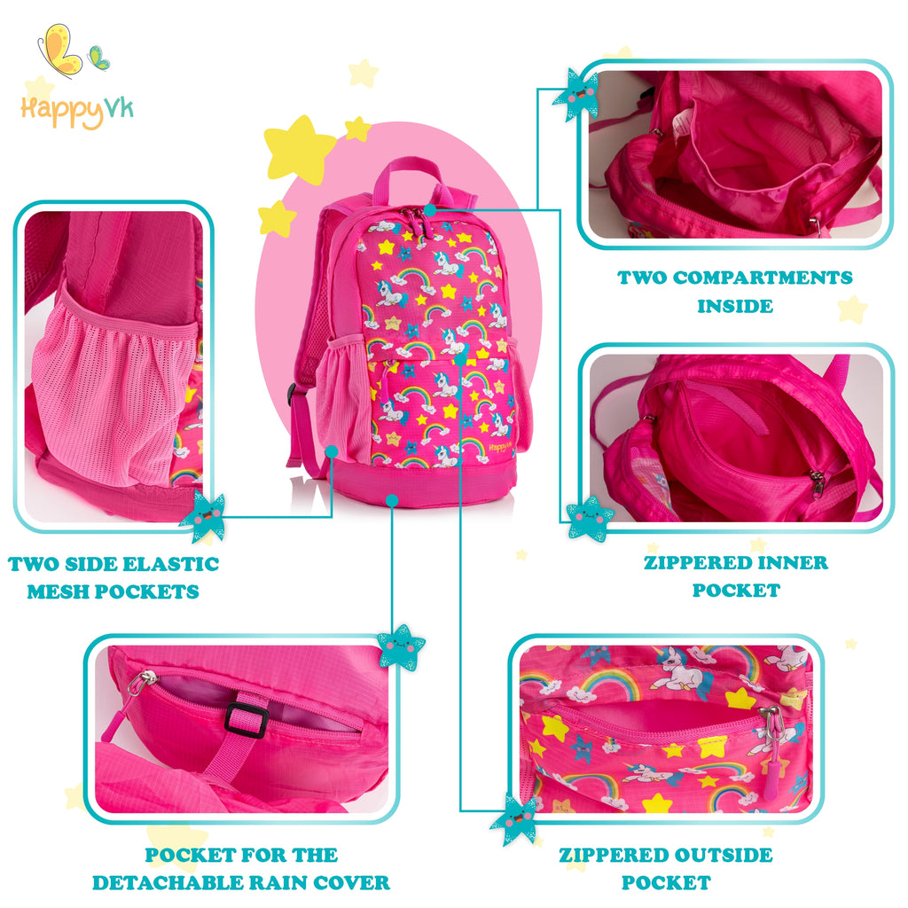 HappyVk- Packable Kids Backpack Luminous Unicorn 9L, 3-5 years old, Lightweight Toddler backpack, Foldable Kids Hiking Daypack with Rain Cover included