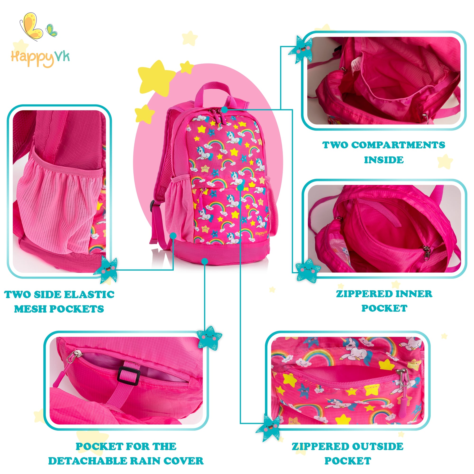 HappyVk- Packable Kids Backpack Luminous Unicorn 9L, 3-5 years old, Lightweight Toddler backpack, Foldable Kids Hiking Daypack with Rain Cover included