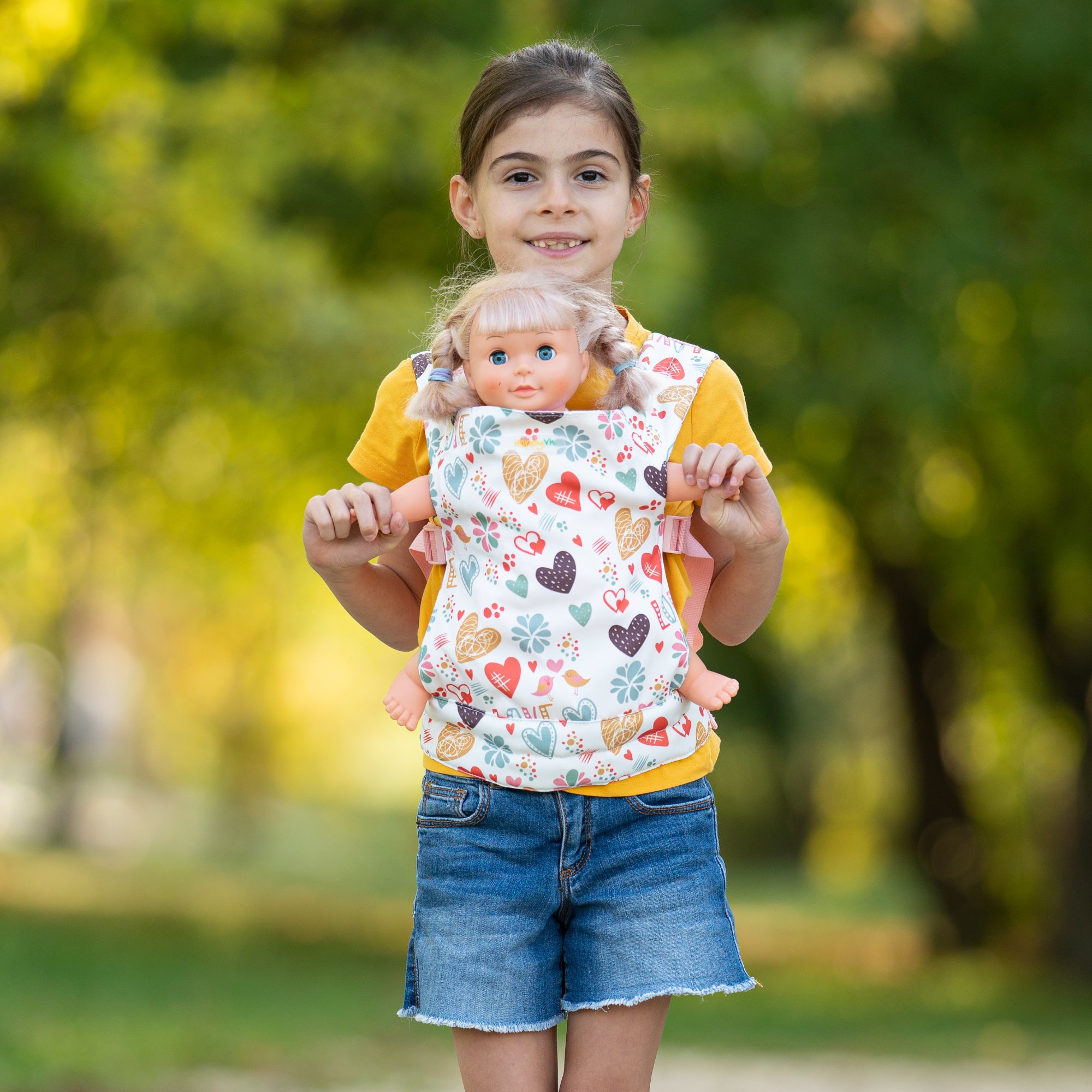 HappyVk - Baby Doll Carrier Kids Toy Carrier for Dolls Front and Back with Adjustable Straps Doll Accessories - Pink - Love Design