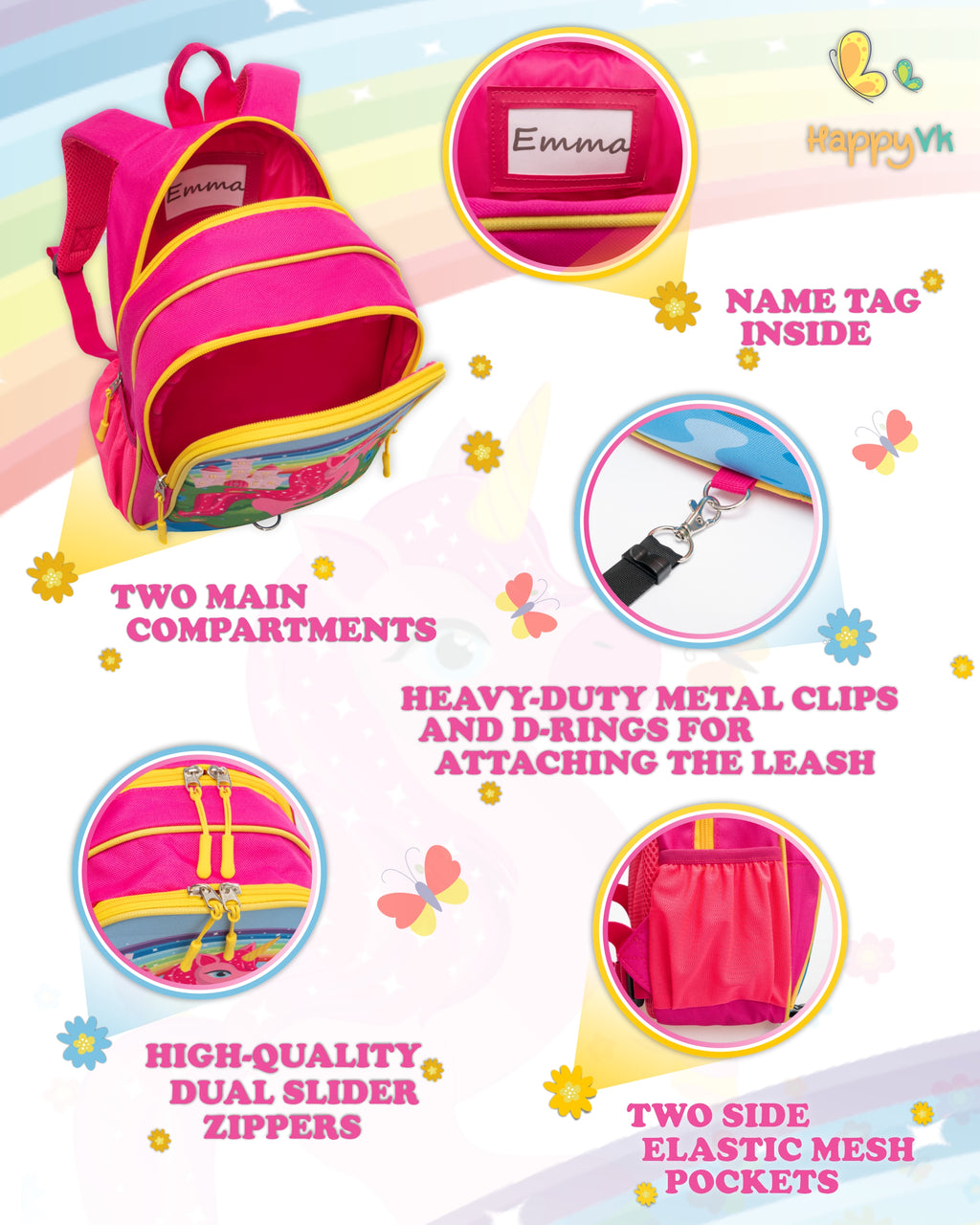 HappyVk Backpack with Leash for Kids - Anti Lost Walking Toddler Leash - Unicorn Design - for 1-4 Years Old Girls
