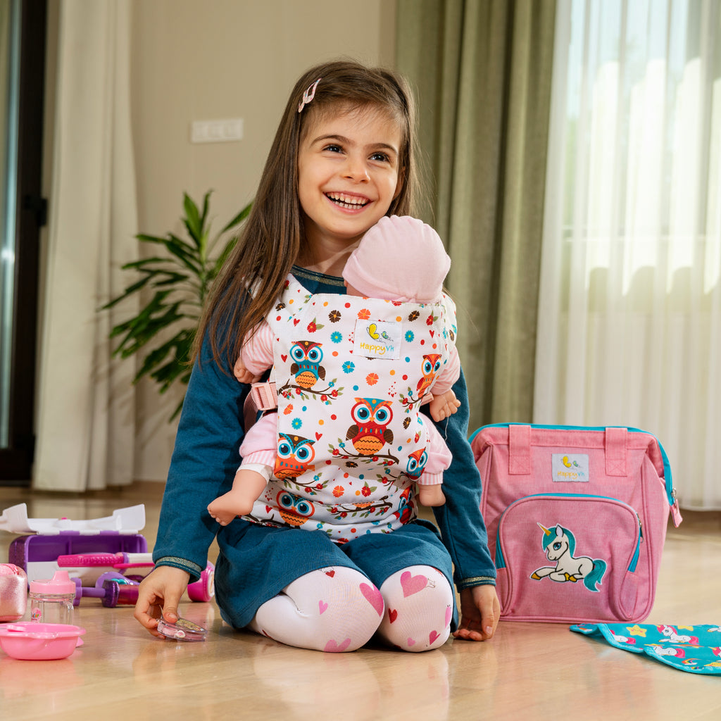 HappyVk- Baby Doll Carrier - Front and Back Carry Positions - Adjustable Straps- Pretend Play Toy for Girls - Cute Owl