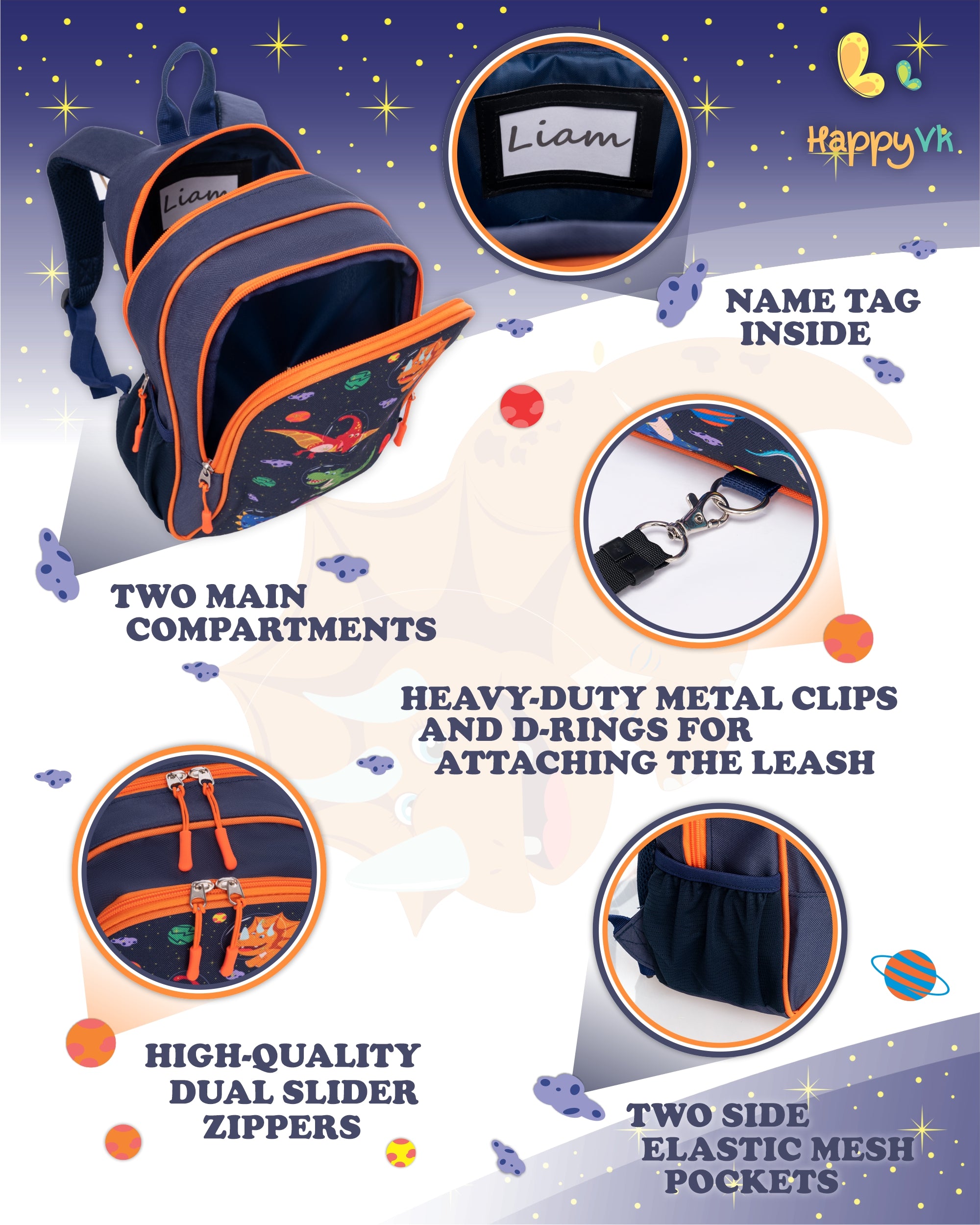 HappyVk- Backpack with Leash for Kids-Anti Lost Walking Toddler Leash-Dinosaur design-for 1-4 Years Old Boys, Girls