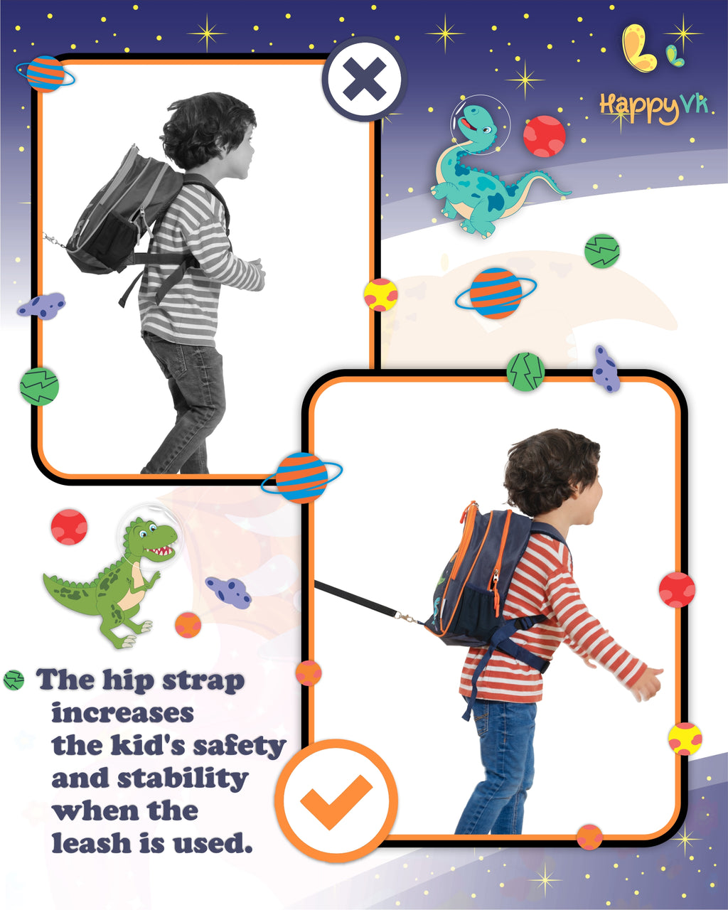 HappyVk- Backpack with Leash for Kids-Anti Lost Walking Toddler Leash-Dinosaur design-for 1-4 Years Old Boys, Girls