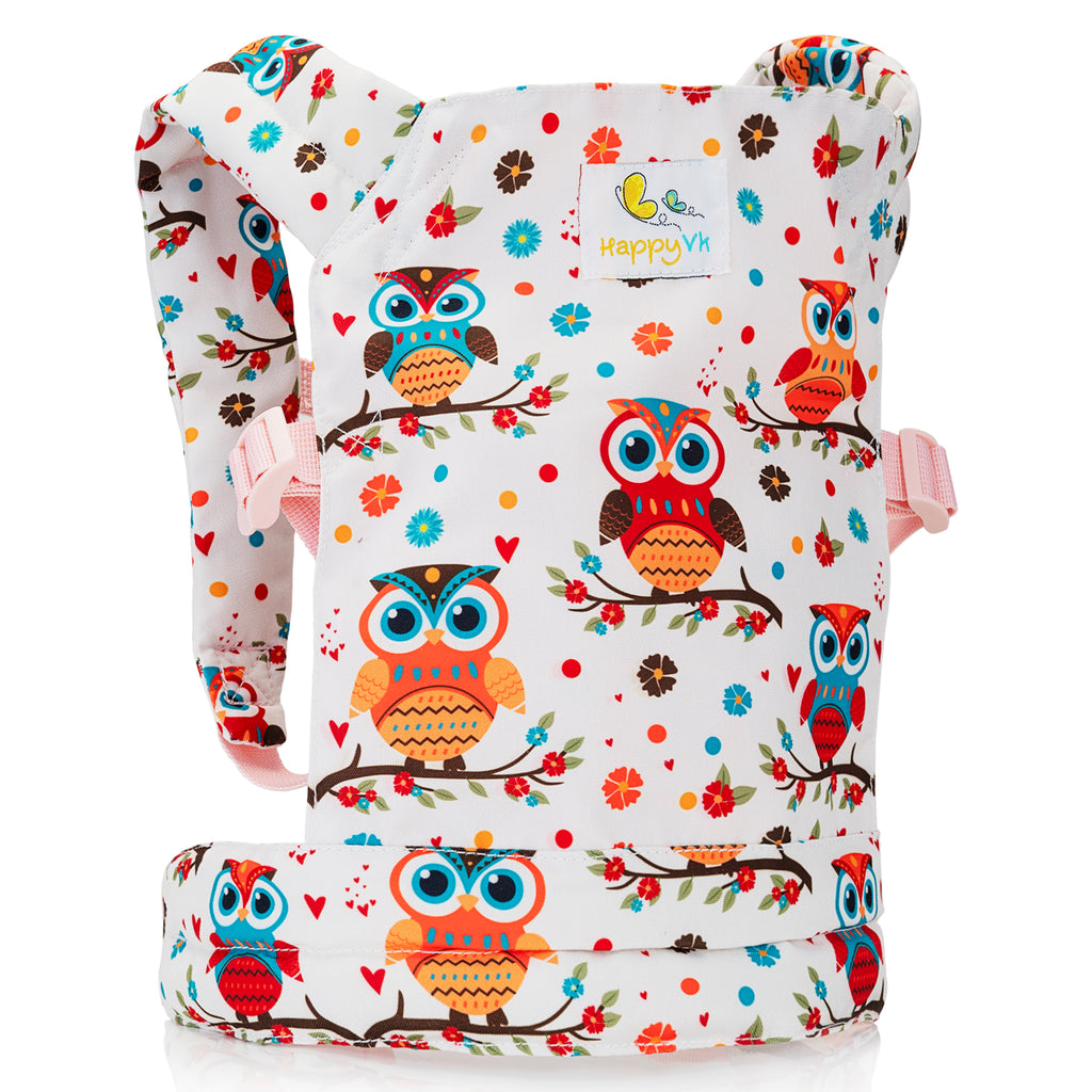 HappyVk- Baby Doll Carrier - Front and Back Carry Positions - Adjustable Straps- Pretend Play Toy for Girls - Cute Owl