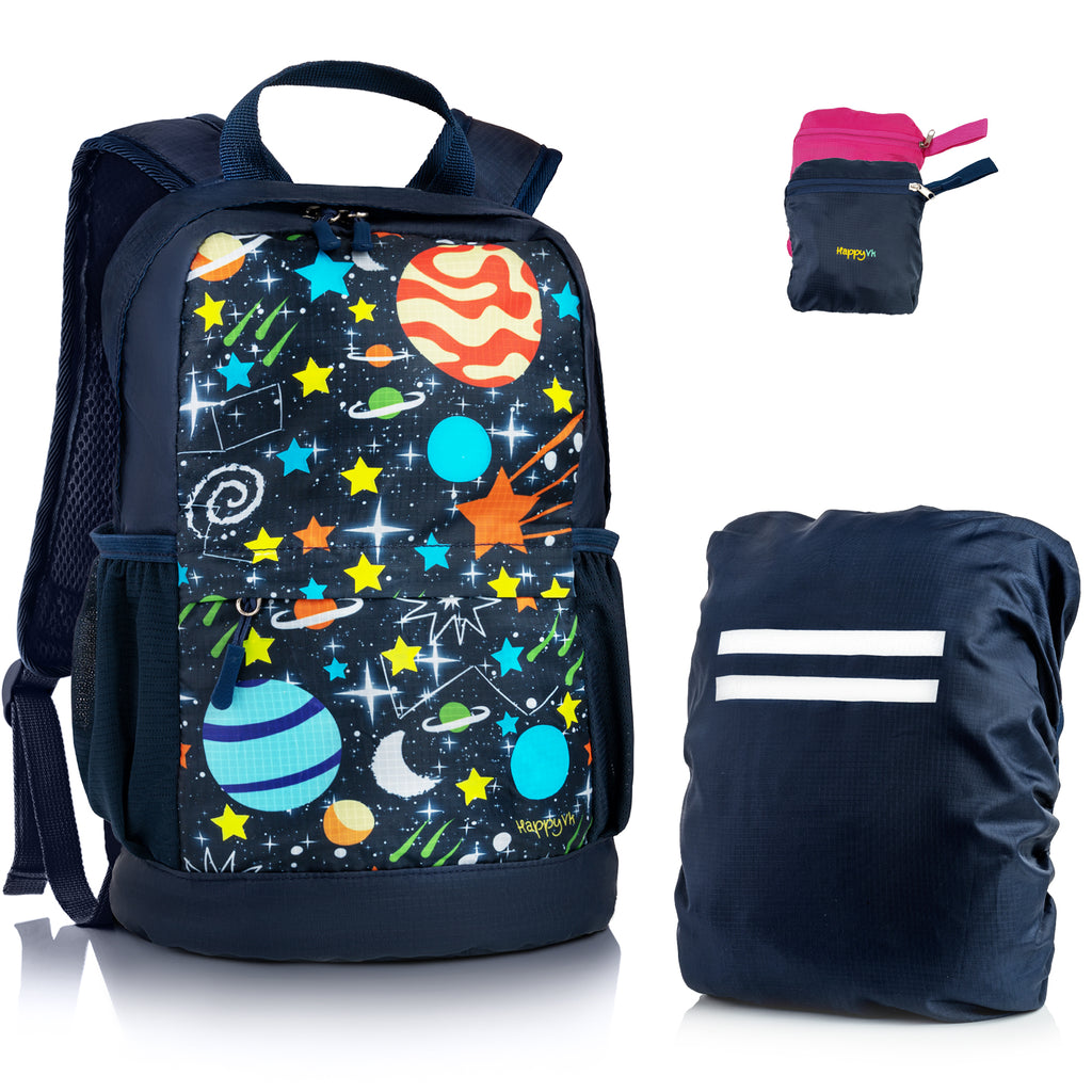 HappyVk- Packable Kids Backpack Luminous Galaxy 9L, 3-5 years old, Lightweight Toddler backpack, Foldable Kids Hiking Daypack with Rain Cover included