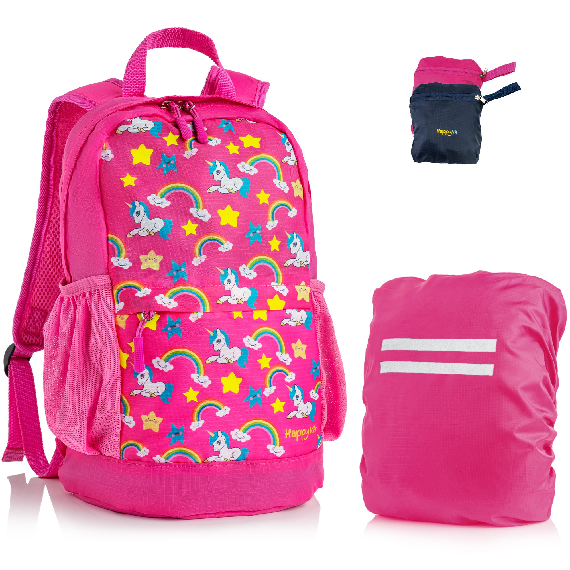 HappyVk- Packable Kids Backpack Luminous Unicorn 9L, 3-5 years old, Lightweight Toddler backpack, Foldable Kids Hiking Daypack with Rain Cover included