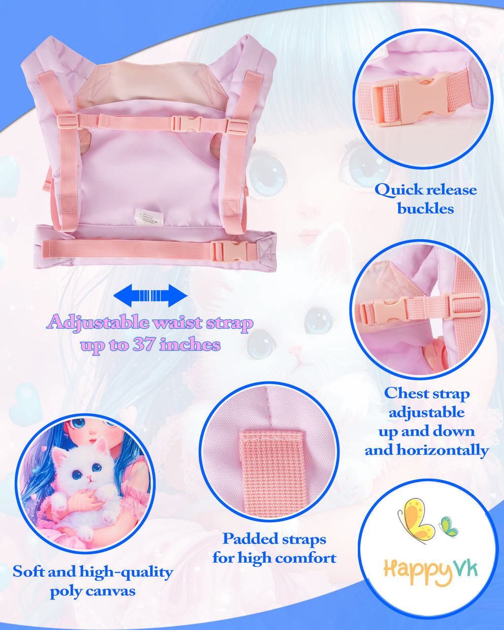 HappyVk- Baby Doll Carrier-Reborn Baby Doll Accessories- Cute Cat Theme