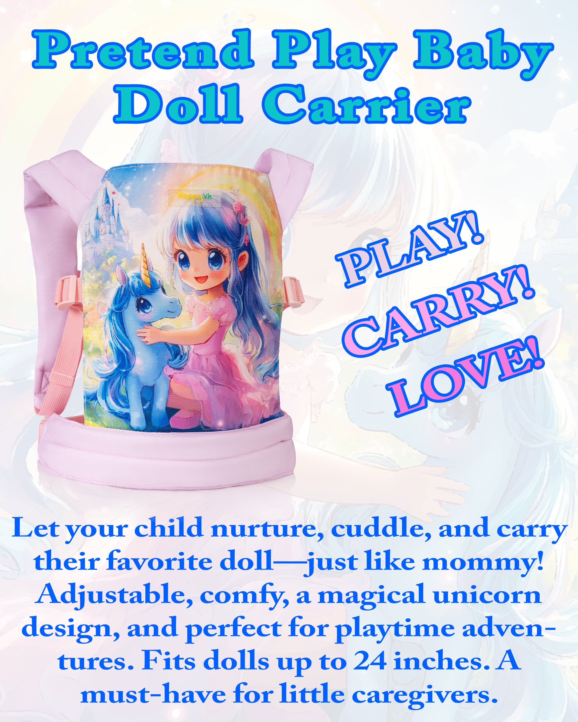 HappyVk -Baby Doll Carrier for Little Girls - Toy Baby Carrier- Unicorn