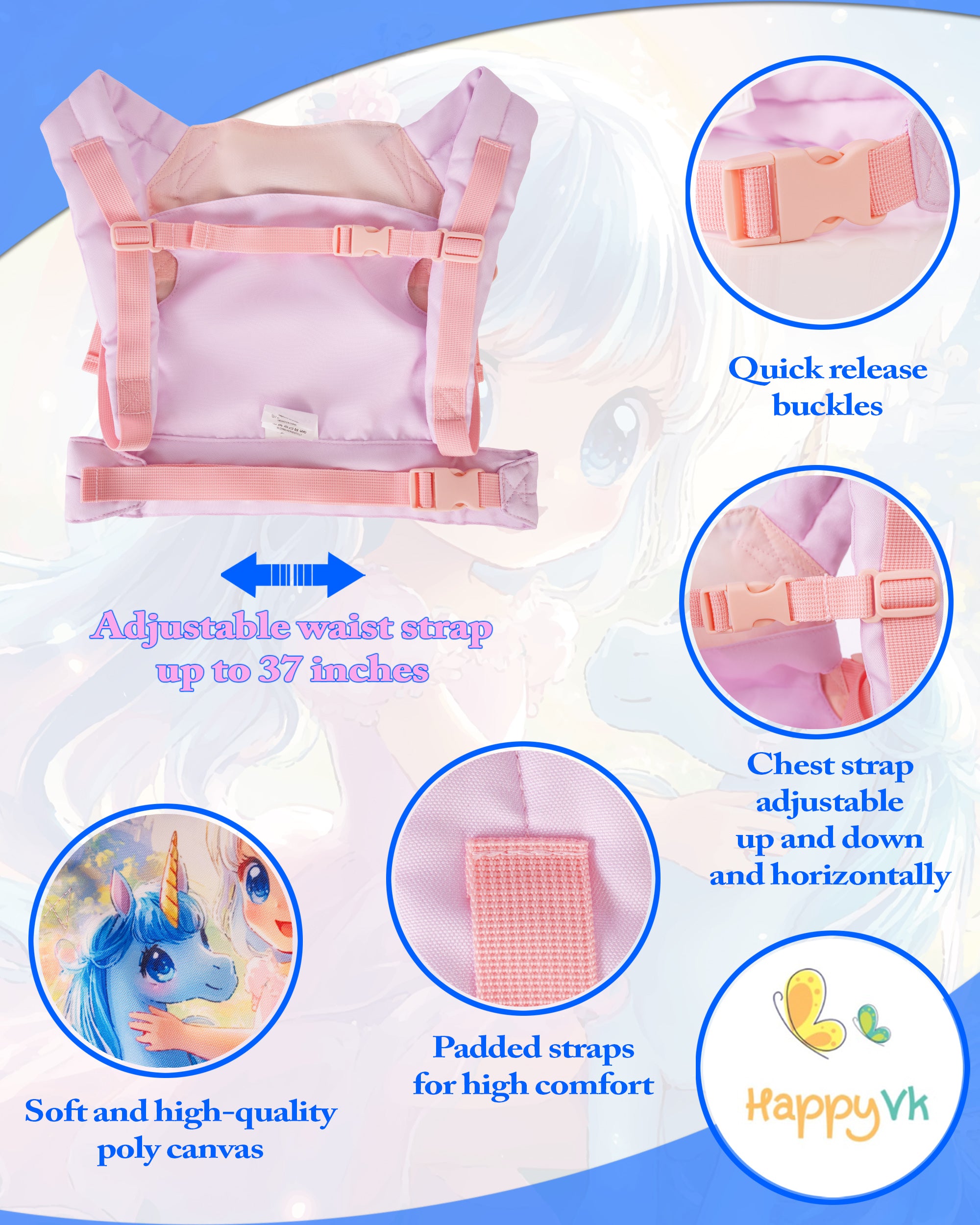 HappyVk -Baby Doll Carrier for Little Girls - Toy Baby Carrier- Unicorn