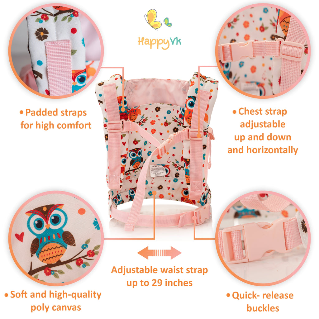 HappyVk- Baby Doll Carrier - Front and Back Carry Positions - Adjustable Straps- Pretend Play Toy for Girls - Cute Owl