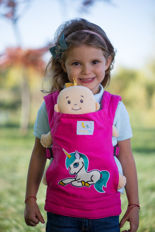 HappyVk - Baby Doll Carrier Unicorn Embroidery Front & Back Carry Positions Pretend Play Toy for Girls Ages 3+ Adjustable Straps & Cotton Canvas
