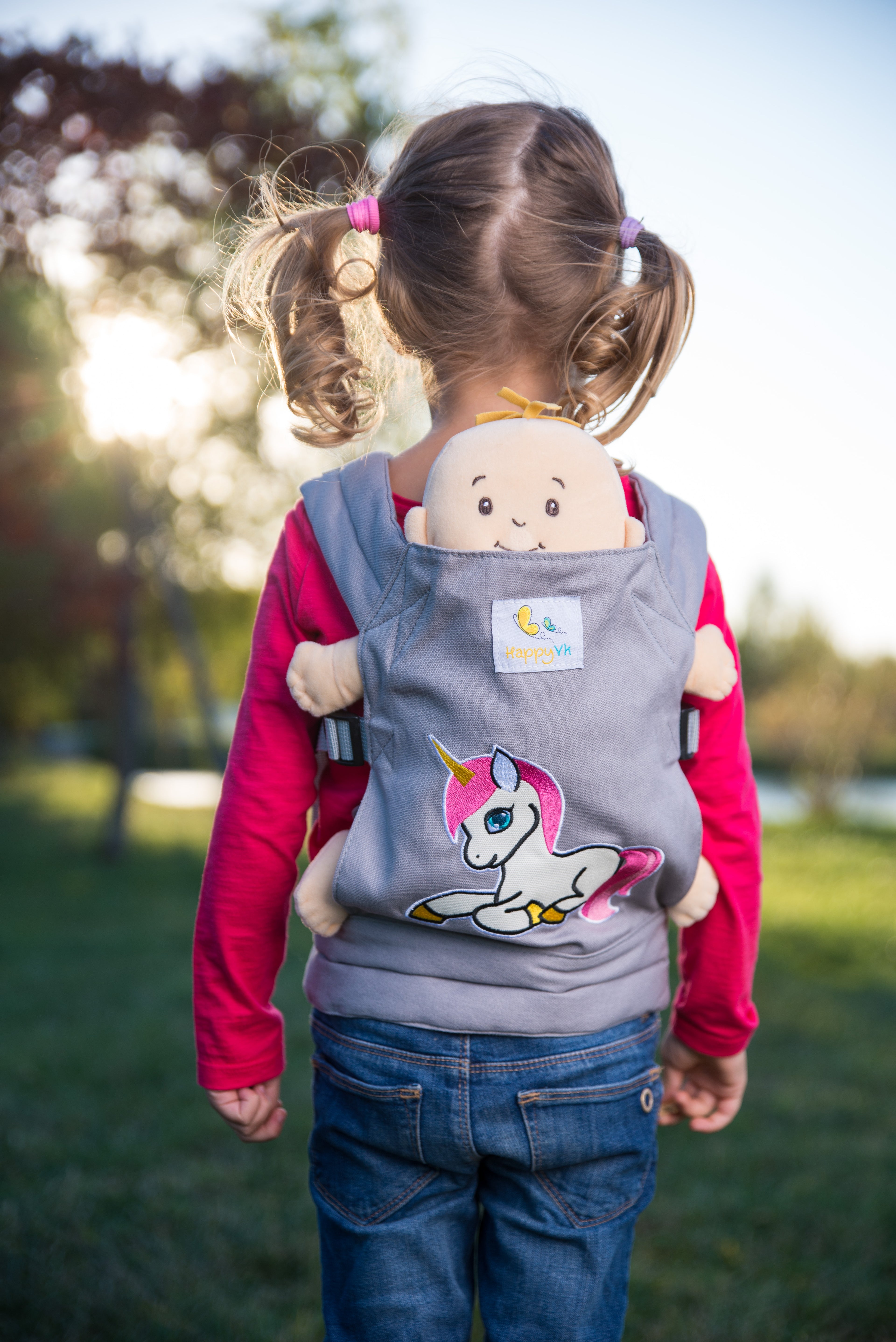 HappyVk - Baby Doll Carrier Unicorn Embroidery Front & Back Carry Positions Pretend Play Toy for Girls Ages 3+ Adjustable Straps & Cotton Canvas