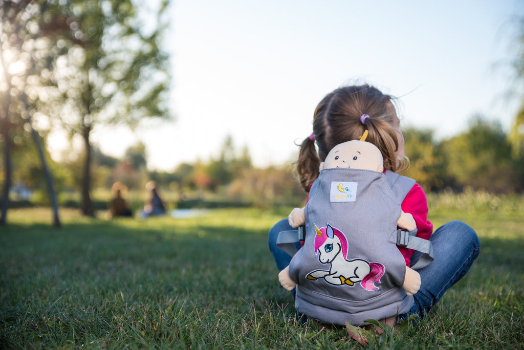 HappyVk - Baby Doll Carrier Unicorn Embroidery Front & Back Carry Positions Pretend Play Toy for Girls Ages 3+ Adjustable Straps & Cotton Canvas