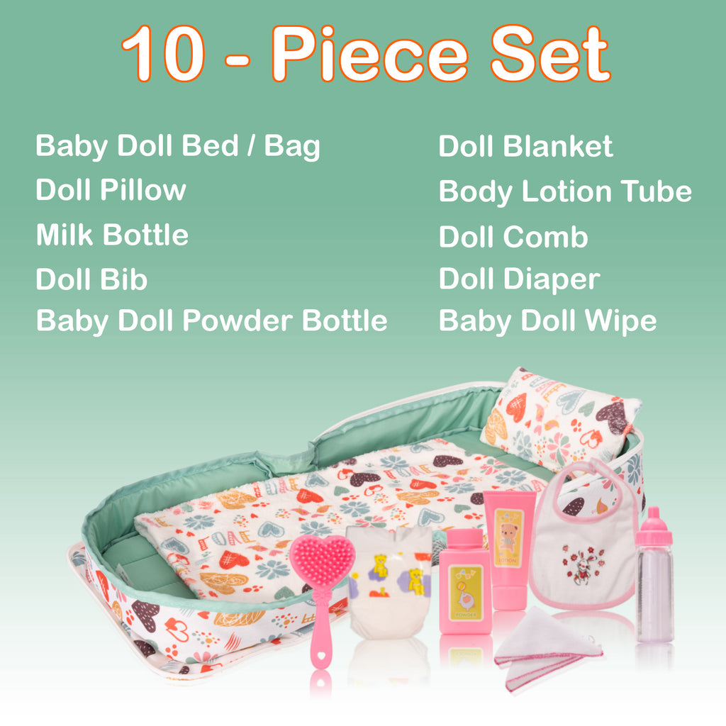 HappyVk Baby Doll Bed Set-Portable Doll Bassinet for Dolls up to 21 inches - Handbag for Girl - Love Design