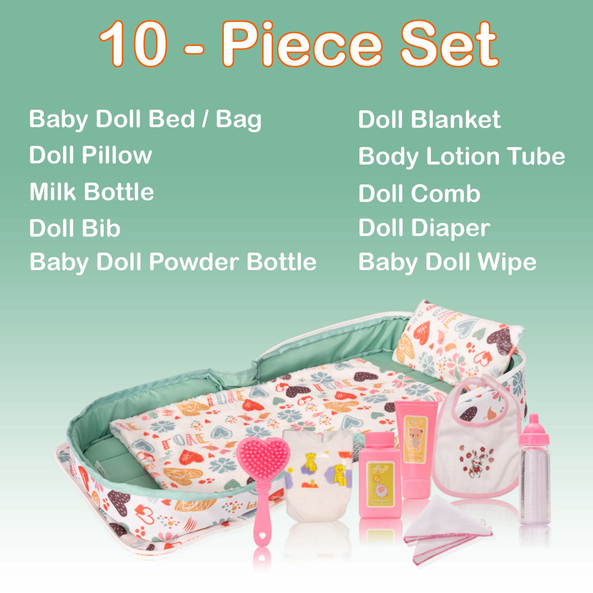 HappyVk Baby Doll Bed Set-Portable Doll Bassinet for Dolls up to 21 inches - Handbag for Girl - Love Design