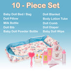 HappyVk - Baby Doll Bed Set - Portable Doll Bassinet for Dolls up to 21 inches - Handbag for Girl - Pink Roses