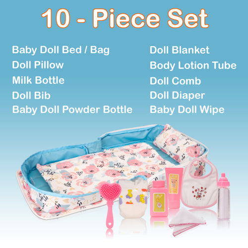 HappyVk - Baby Doll Bed Set - Portable Doll Bassinet for Dolls up to 21 inches - Handbag for Girl - Pink Roses