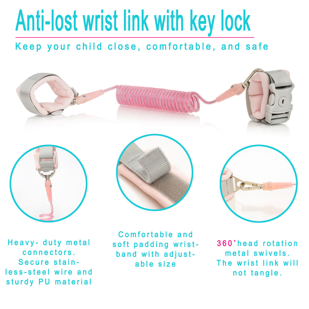 HappyVk -Toddler Leash- Baby Harness Anti-Lost Wrist Link - Ages 1-4- Pink