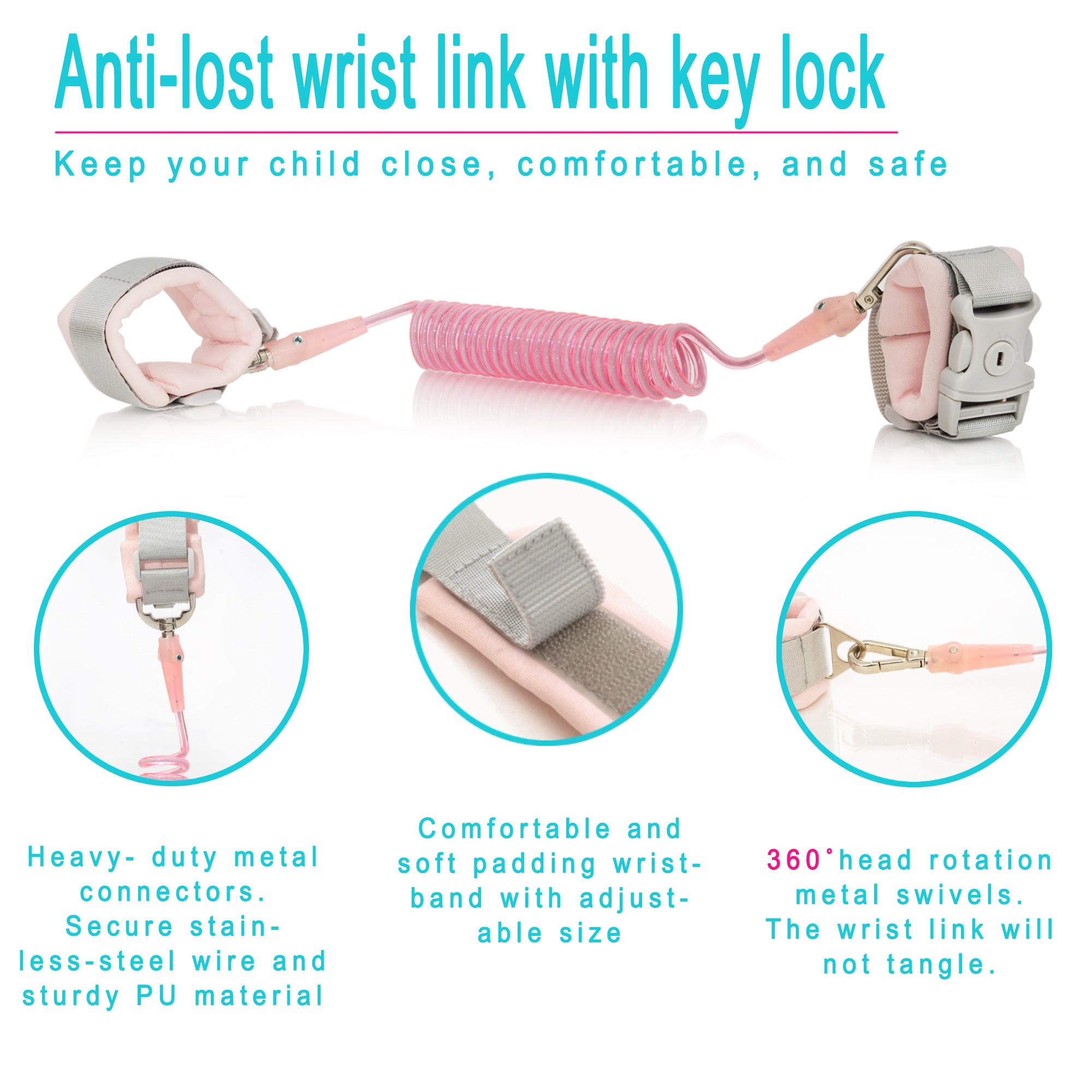 HappyVk -Toddler Leash- Baby Harness Anti-Lost Wrist Link - Ages 1-4- Pink