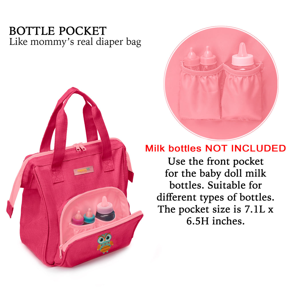 HappyVk- Baby Doll Diaper Bag with Doll Changing Pad- Handbag for Girls- Owl Embroidery