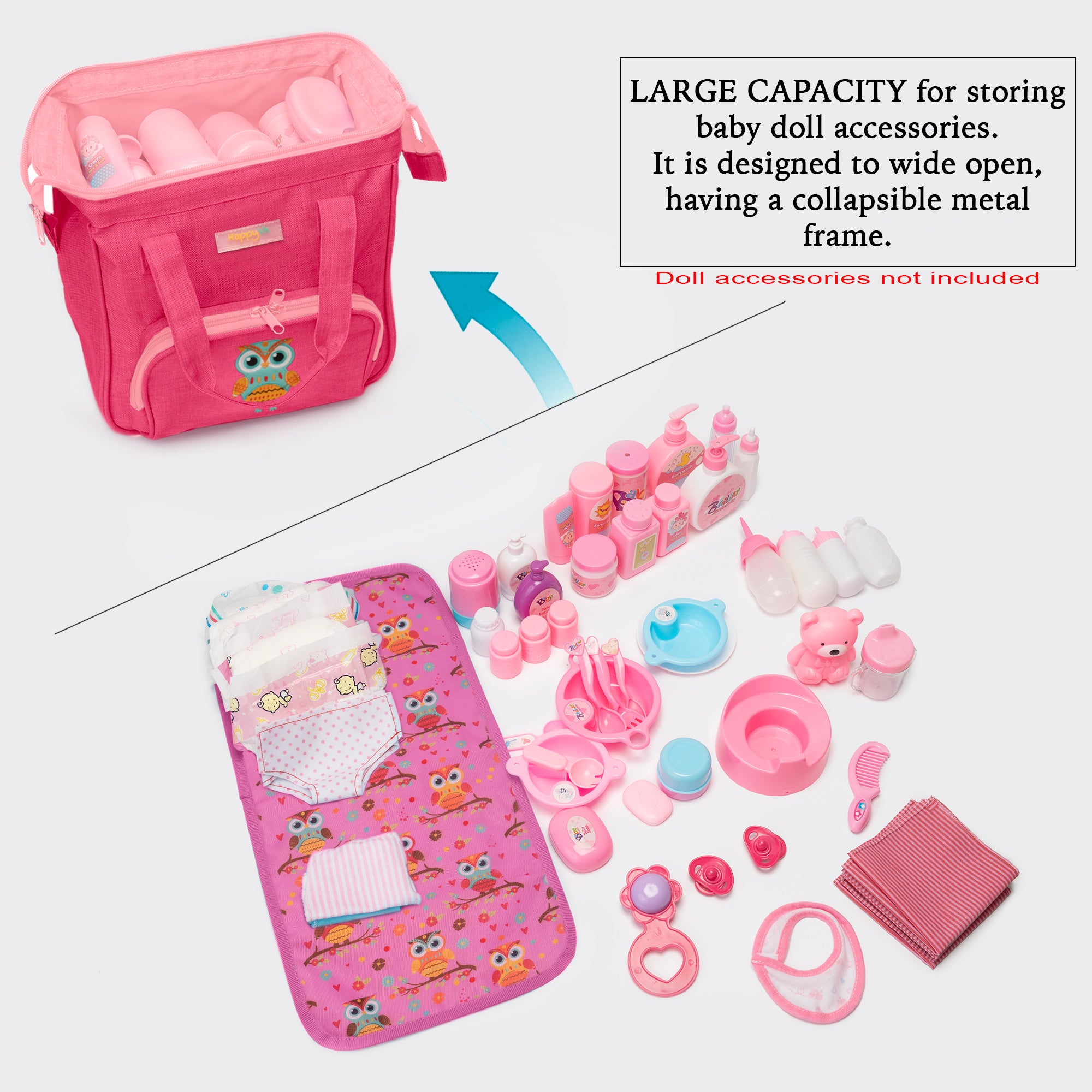 HappyVk- Baby Doll Diaper Bag with Doll Changing Pad- Handbag for Girls- Owl Embroidery
