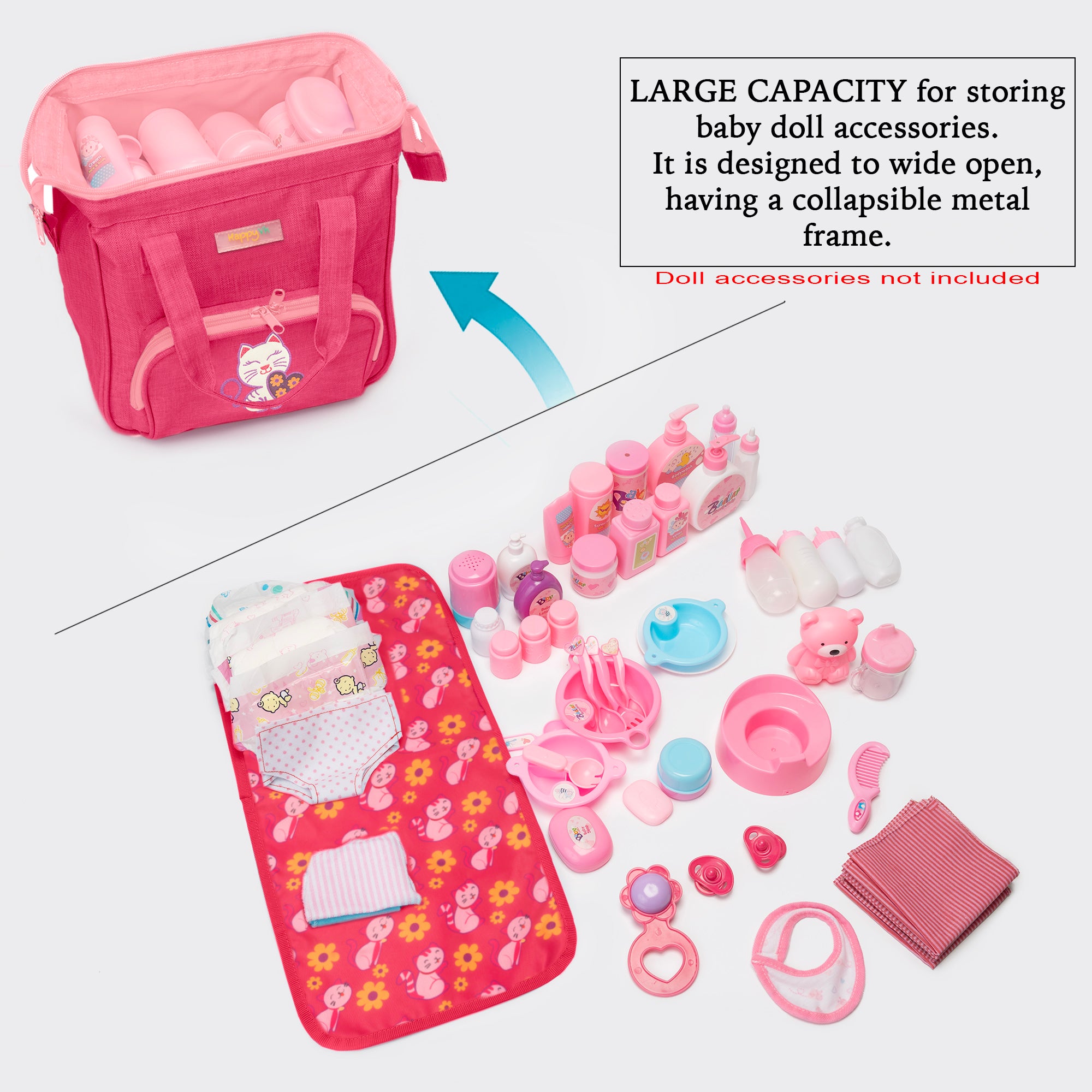 HappyVk- Baby Doll Diaper Bag with Doll Changing Pad- Handbag for Girls- Cat Luminous Embroidery