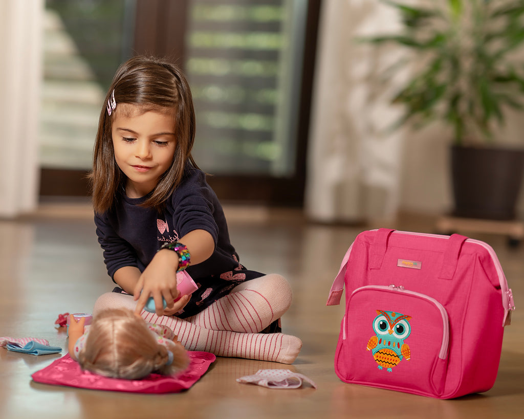 HappyVk- Baby Doll Diaper Bag with Doll Changing Pad- Handbag for Girls- Owl Embroidery