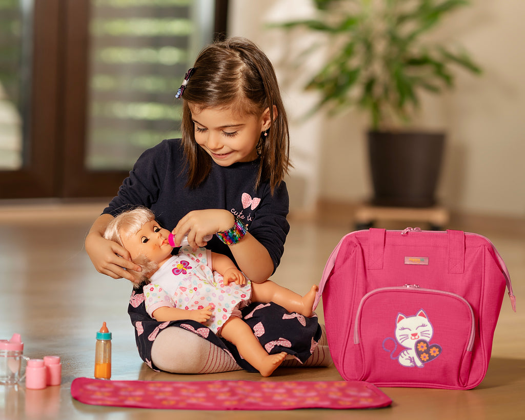 HappyVk- Baby Doll Diaper Bag with Doll Changing Pad and Doll Accessories Set - Handbag for Girls - Cute Luminous Cat mbroidery