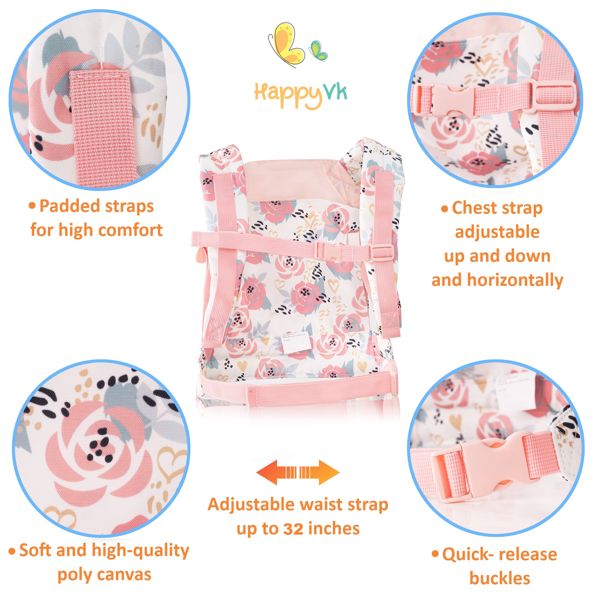 HappyVk Baby Doll Carrier for Little Girls Kids Toy Baby Carrier for Reborn Baby Doll Accessories Pink Roses
