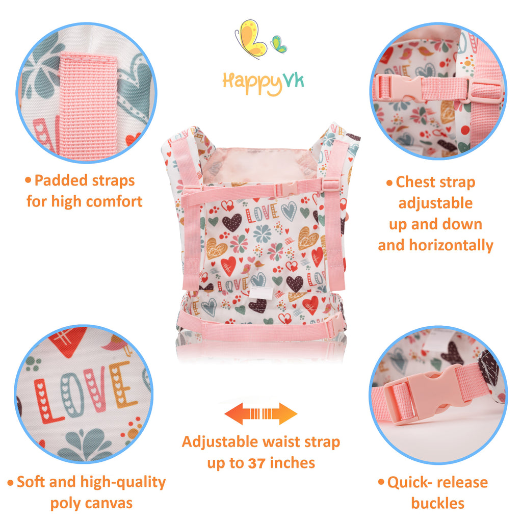 HappyVk - Baby Doll Carrier Kids Toy Carrier for Dolls Front and Back with Adjustable Straps Doll Accessories - Pink - Love Design
