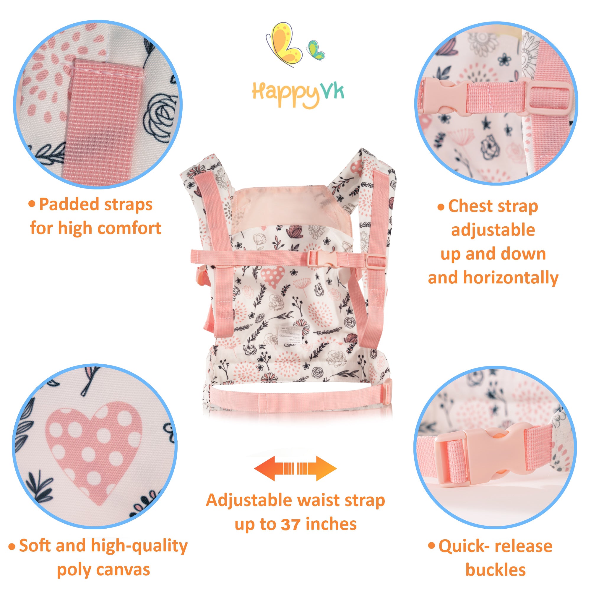 HappyVk -Baby Doll Carrier -Toy Baby Carrier for Reborn Doll -Cute Flowers